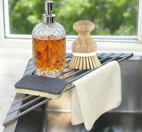 Corner Sink Caddy Kitchen Sink Organizer, Silicone Wrapped Triangle Roll Up Dish