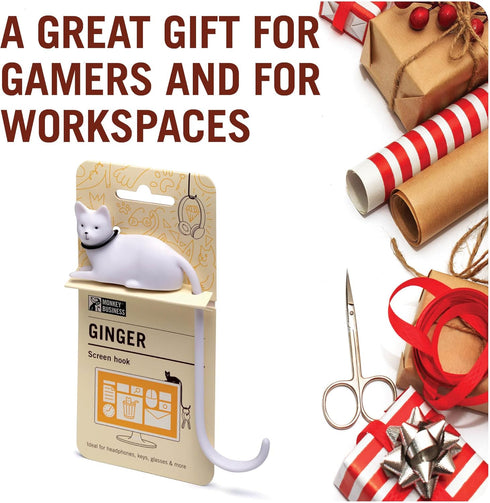Monkey Business Ginger The Cat Tail Hook for Computer Screen, Decorative Desk Headphone Hanger for Accessories (White)