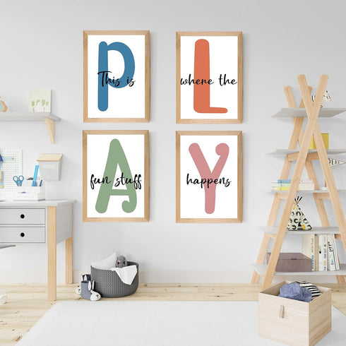 Set 4 12x16' of Framed Kids Playroom Wall Art Prints, Toddler Nursery Children Artwork for Kids Bedroom Decoration