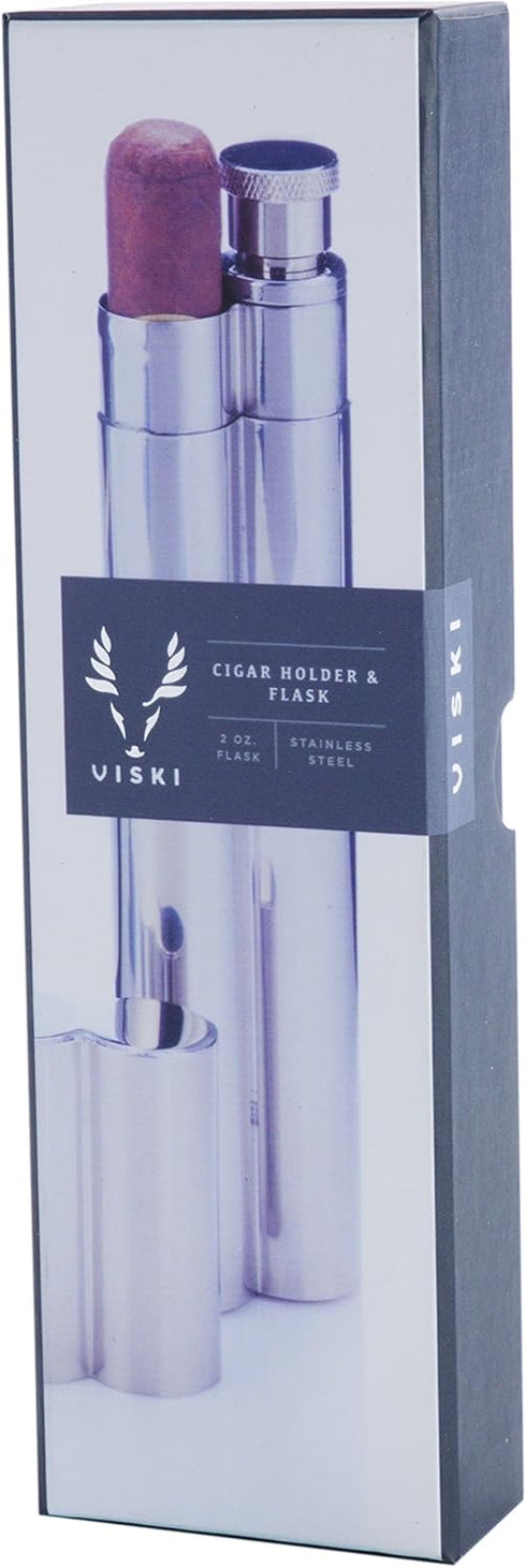 Viski Stainless Steel Cigar Holder with 2 oz Liquor Flask, Slim Single Cigar Case, Silver, Set of 1 for Whiskey
