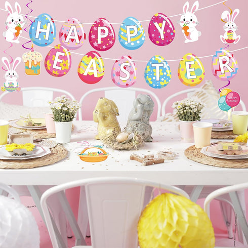 Easter Hanging Swirls Decorations for Home Office School, Happy Easter Banner with Egg Bunny Foil Swirl Ceiling Decor
