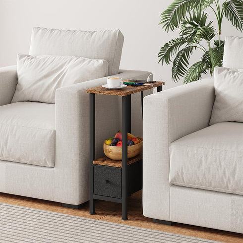 1 1 VIMBER Narrow Side Table for Small Spaces, Skinny End Table with Charging Station, Sofa Beside Table with Drawer