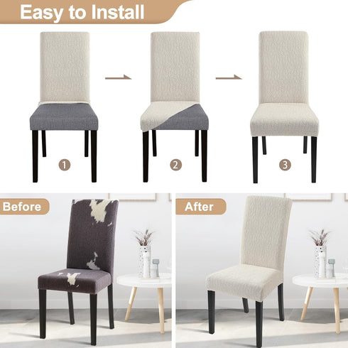 SearchI Jacquard Dining Room Chair Covers, Set of 6, Washable Parsons Chair Slipcover, Beige Floral