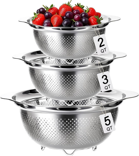 3 Pcs Stainless Steel Colander Strainer Set Metal Colander for Kitchen Pasta