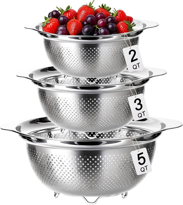 3 Pcs Stainless Steel Colander Strainer Set Metal Colander for Kitchen Pasta