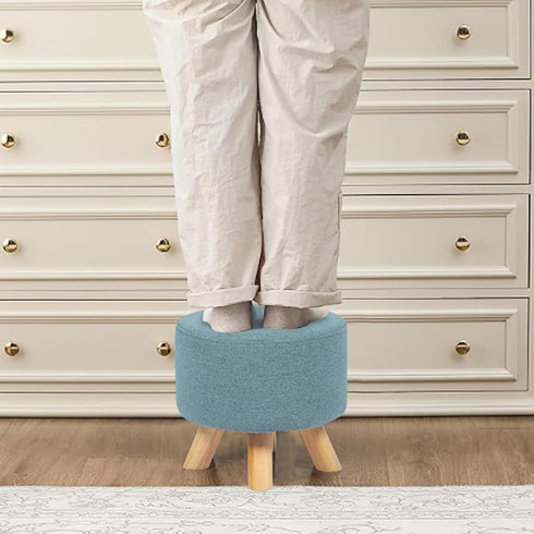 Asense Small Round Ottoman Foot Rest Stool Fabric Padded Seat Footstool Ottoman with Anti-Slip Wooden Legs (Light