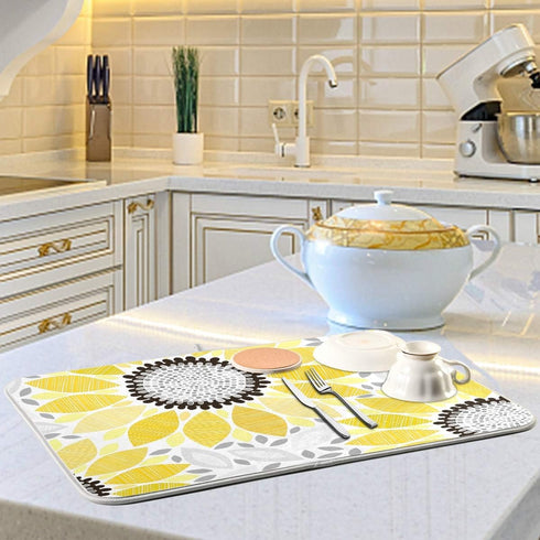 Sunflowers Dish Drying Mat for Kitchen, 16x18 Microfiber Absorbent Reversible Mat