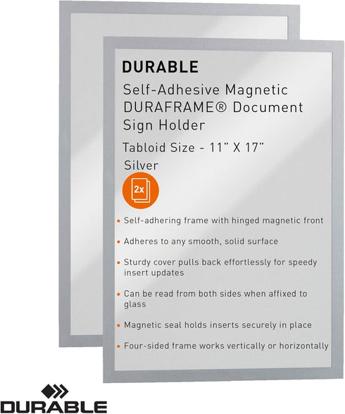 Durable Duraframe Self-Adhesive Magnetic Frame, Silver Tabloid Size 11" x 17", Pack of 2