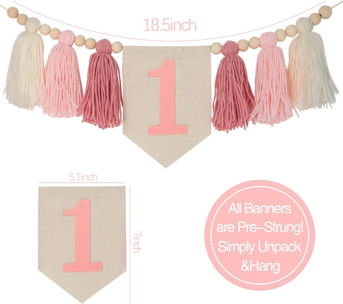 1st 1 Boho Pink Handmade Birthday High Chair Banner First Highchair Banner For Baby Girls Wild One Wall Hangings Wood
