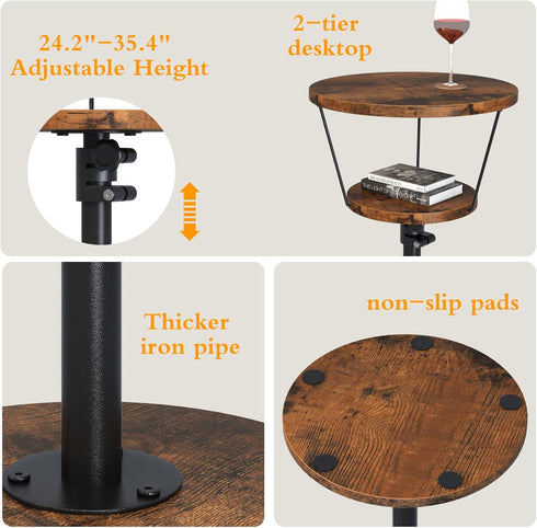 Kificet 2 Small Side Table, Tier Drink Table, Height Adjustable Round End Table, Pedestal Side Table for Small Spaces