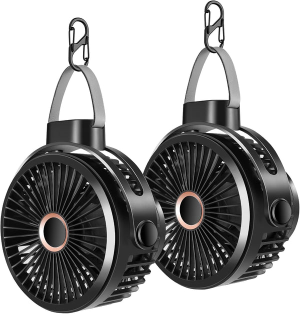 Odoland 2 Packs 10000mAh Camping Rechargeable Fan with Hanging Hook, Portable Battery Operated Tent Fan