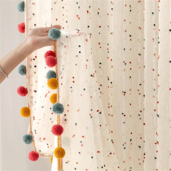 Boho Rainbow Sheer Curtain with Colorful Pom Pom Voile Drapes Light Filtering