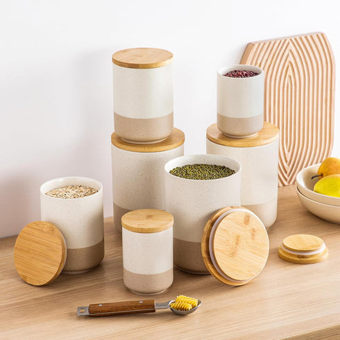 Set 3-Piece Countertop vancasso Sabine Ceramic Canister with Airtight Wood Lids - Kitchen Storage for Flour, Sugar