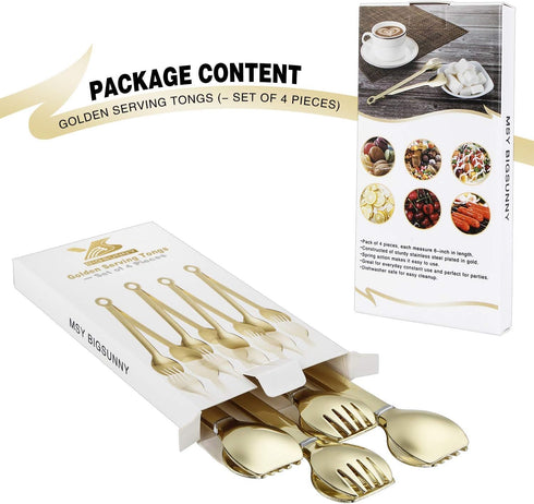 MSY BIGSUNNY Mini Appetizer Tongs Set of 4, Gold Plated Stainless Steel Small Serving Tongs, 6 Inch