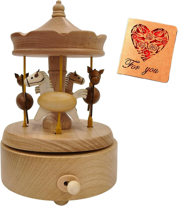 Briskfeel Wooden Carousel Music Box with Moving & Elevating Horses, Rotating Wind-Up