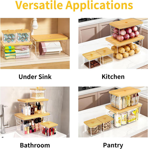 4 Pack FELIZHOUSE Trash Bag Holder with Bamboo Lid, Stackable Garbage Bag Dispenser Under Sink, Storage Organizer