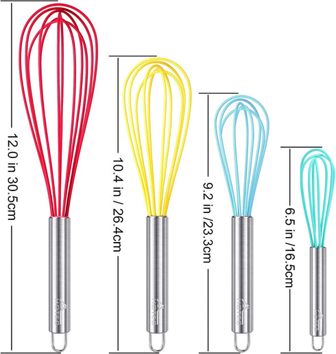 HOTEC 4 Pieces Silicone Whisks Set, Non-slip Handle Wire Balloon Whisks for Cooking, Beating, Blending (Multicolor)