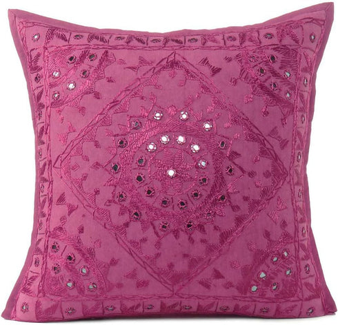 Eyes of India Handmade Boho Throw Pillow Cover with Mirrors, Burgundy, 24" x 24", Decorative Cushion Case for Sofa