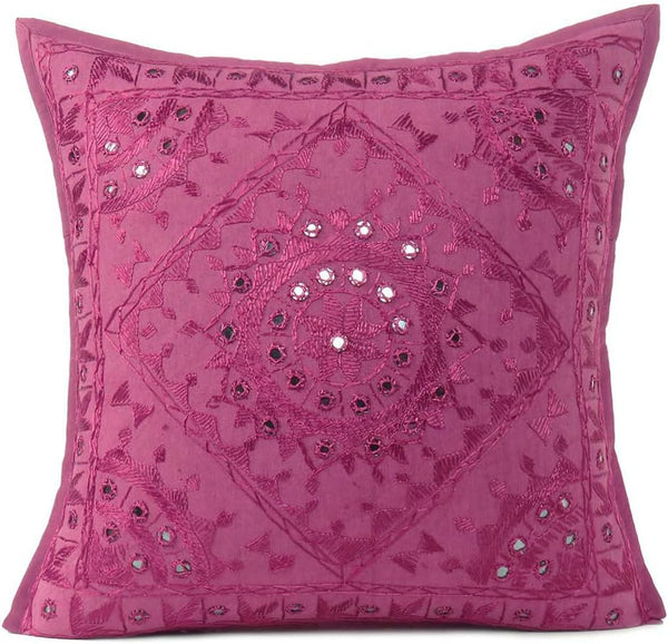 Eyes of India Handmade Boho Throw Pillow Cover with Mirrors, Burgundy, 24" x 24", Decorative Cushion Case for Sofa