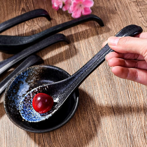 7 inch Japanese and Korean Ramen Spoon Set of 5, Long Handle Ceramic Soup Spoons for Miso, Asian Soup