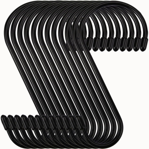 Nisoger 12 Pack 6 Inch S Hook - Large Vinyl Coated Heavy Duty Steel Metal Black Rubber Coated Closet S Hooks