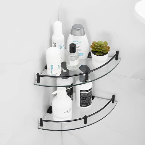 2 Pack 304 24cmx24cm 6mm, Glass Shower Corner Shelves - Floating Bathroom Shelves Tempered Glass Shelf with Rails SUS