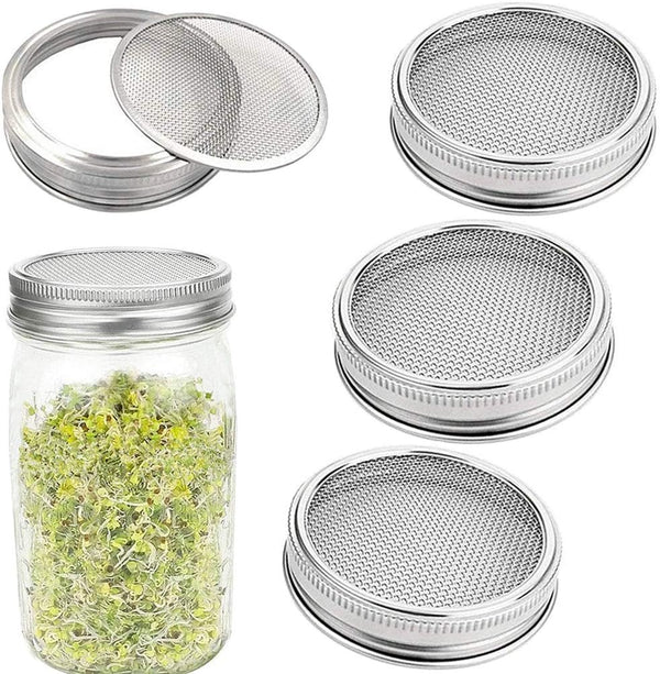 Sprouting Lids WIDE MOUTH, 316 Stainless Steel Mesh Lid Kit for Mason Jars, 4 Pack Sprouting Strainer Lids
