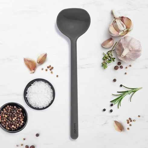 GreenPan Silicone Ladle, Soup Mixing Stirring Serving, Cooking Kitchen Utensil, Flexible Rubber Nonstick Cookware, Rigid Steel Core, Heat-Resistant, Anti-Slip Handle, BPA-Free, Dishwasher Safe, Gray