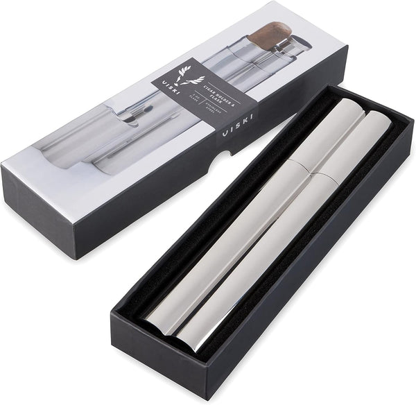 Viski Stainless Steel Cigar Holder with 2 oz Liquor Flask, Slim Single Cigar Case, Silver, Set of 1 for Whiskey