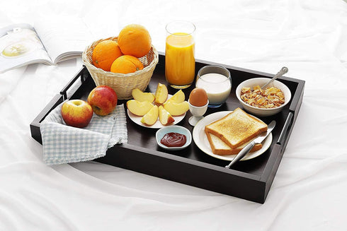 RAKYTO 16.5x12.5in Packaging Ottoman Tray, Acacia Wood Serving Tray with Metal Handles, Food Drinks Tray for Coffee