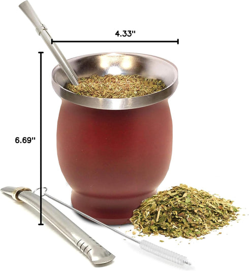 Norte Yerba Mate Cup Kit, 8-Ounces Traditional Gourd Set with 2 Bombillas & Cleaning Brush, Burgundy