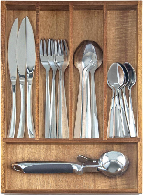 Acacia Wood Silverware Organizer, 5-Compartment Kitchen Utensil Drawer Organizer for Forks & Spoons, Flatware Holder