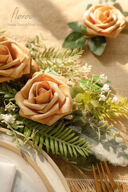 Floroom 25pcs Real Looking Gold Foam Fake Roses with Stems for DIY Wedding Bouquets, Bridal Shower Decorations