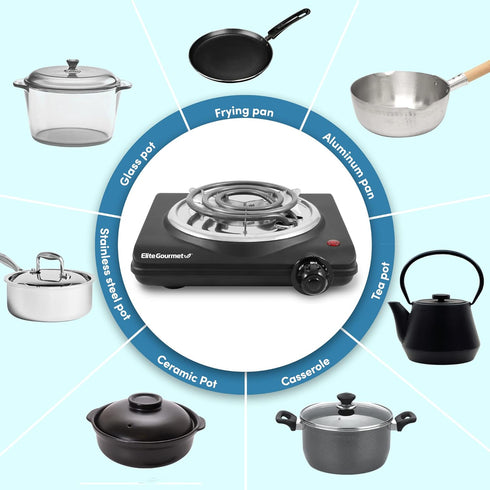 Elite Gourmet ESB100B Electric Hot Plate, Single Coiled Burner, Temperature Control, Easy to Clean, Black