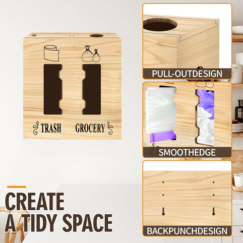 CMXZSAM 2 1 in Trash Bag Dispenser and Grocery Bag Holder, Large Wooden Plastic Bag Holder, Wall Mount Trash Bags