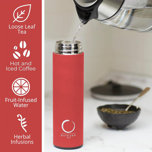 Pure Zen Tea Thermos with Infuser for Hot & Cold Infusions - 15oz Leakproof Travel Mug, Stainless Steel, Red