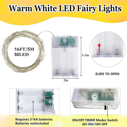 1-Pack 16FT 50 Fairy Lights Battery Operated with Timer, Waterproof LED String Lights Indoor Outdoor, Cuttable Starry