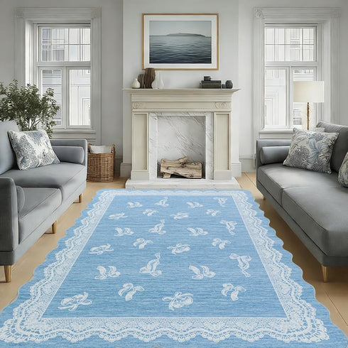 5x7 ORTIGIA Scalloped Area Rug for Living Room, Blue Washable Low Pile Non Slip Rug with Bow Large Carpet for Kid