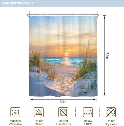 Riyidecor Beach Ocean Coastal Shower Curtain - 60Wx72H Inch Tropical Landscape Fabric Decor with 12 Pack Hooks
