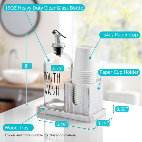 16 OZ Glass Mouthwash Dispenser for Bathroom, Mouthwash Dispenser with Pour Spout and White Washed Wood Cup Holder