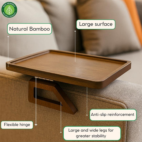 '-13 9.5 Inch Sofa Table Tray - Bamboo Couch Armrest Table Universal Fit - Sofa Table With Non-Slip Pads to Keep Things