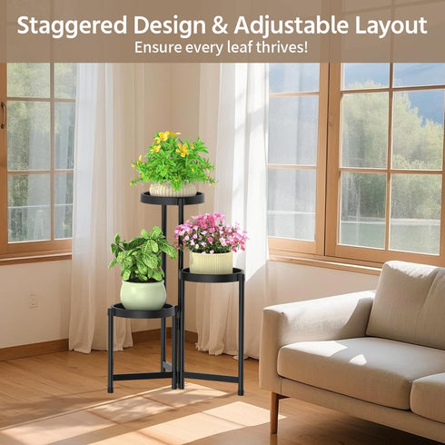 3 LASZOLA Tiered Plant Stand Indoor Outdoor with Plastic Tray, Corner Folding Tall Flower Display Rack, Modern Plant