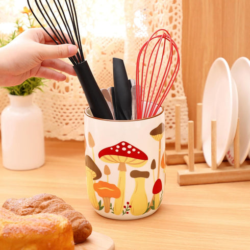 Countertops Nefelibata Mushroom Ceramic Utensil Holder Rustic Functional Utensil Crock Kitchen Storage Decor Perfect