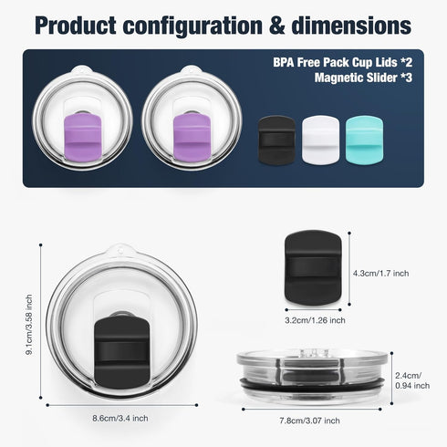 20 oz Tumbler Lids, Magnetic Replacement for YETI, BPA Free 2 Pack Purple Tumbler Lids & 3 Pack Slider