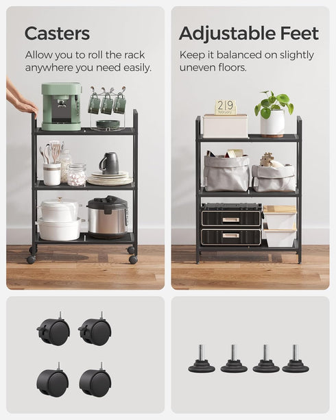 SONGMICS 3-Tier Metal Storage Rack with Wheels, Mesh Shelving Unit for Entryway, Kitchen, Living Room