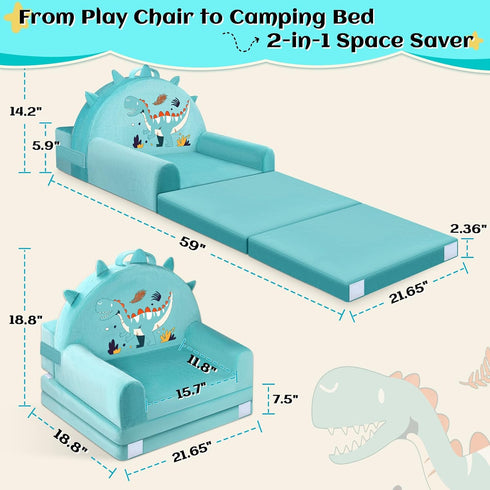 Cozy Dinosaur Kids Sofa Bed with Removable Washable Cover & Magic-Tape Backrest Foldable Toddler Chair, Crystal Velvet