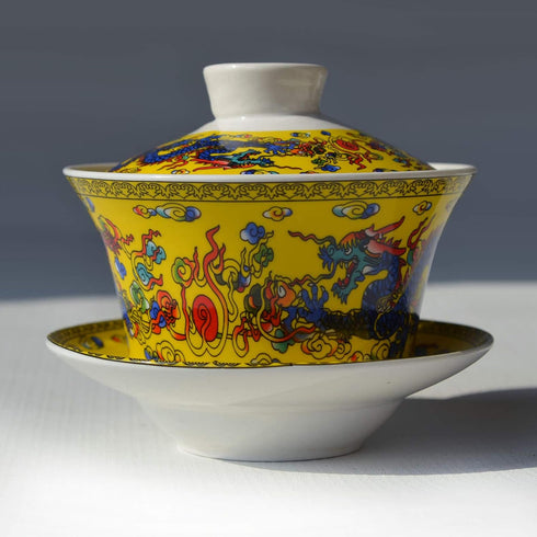 Gaiwan Teacup 7oz Chinese Dragon Sancai Cover Bowl Lip Saucer Set for Gongfu Tea (Yellow)
