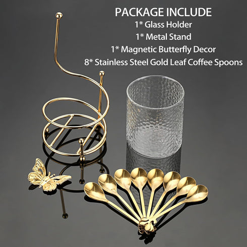ELLDOO Coffee Spoon Set with 8 Gold Leaf Stainless Steel Spoons and Clear Glass Holder for Mixing