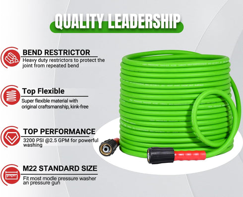 YAMATIC Super Flexible Pressure Washer Hose 50FT, Kink Resistant Extension with Leak-Free M22 Female & 3/8" Quick