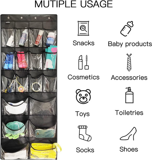 2 Pack Extra Large Over Door Shoe Organizers, Closet Shoe Rack with 12+6 Crystal Pockets, 8+8 Hooks, Black (59"x 21.6")